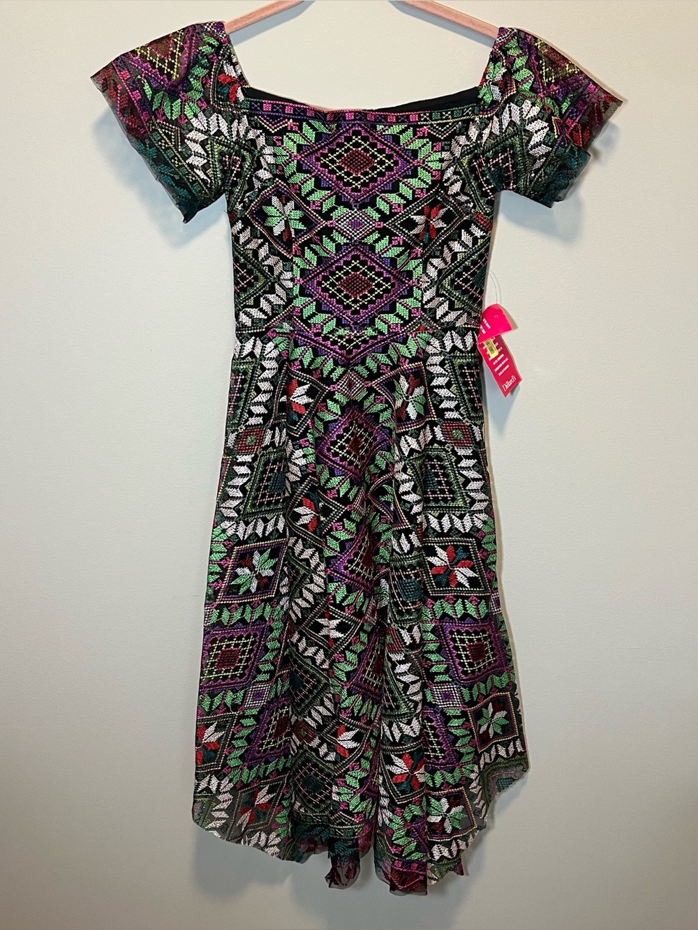 Alex Marie Veronica Embroidered Dress Black Purple Square Neck Asymmetrical Hem - Picture 2 of 11